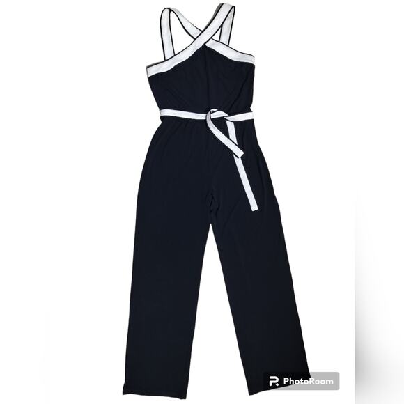 Ann Taylor Navy Blue White Belted Sleeveless Straight Leg Casual Jumpsuit Size 8 - Picture 3 of 14
